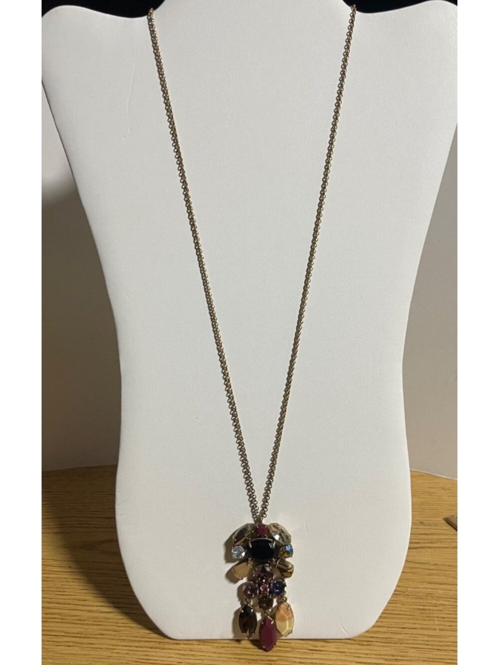 J Crew Long Gold-Tone Chain Necklace With Multi-Color Faceted Cluster Pendant